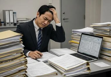 大量の業務に疲弊し、頭を抱える男性。