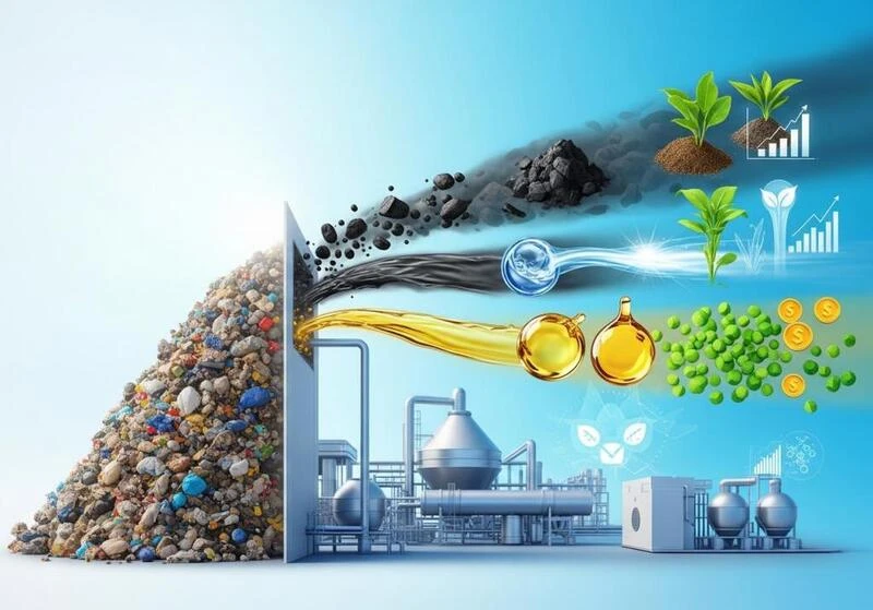 廃棄物の山、工業プラント、そして炭素資源、エネルギー、バイオ燃料、植物成長、経済的価値の創出。