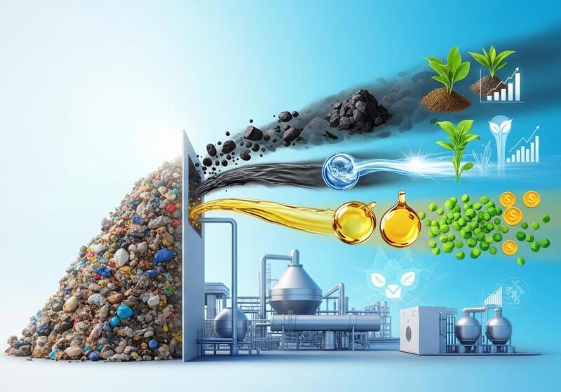 廃棄物の山、工業プラント、そして炭素資源、エネルギー、バイオ燃料、植物成長、経済的価値の創出。