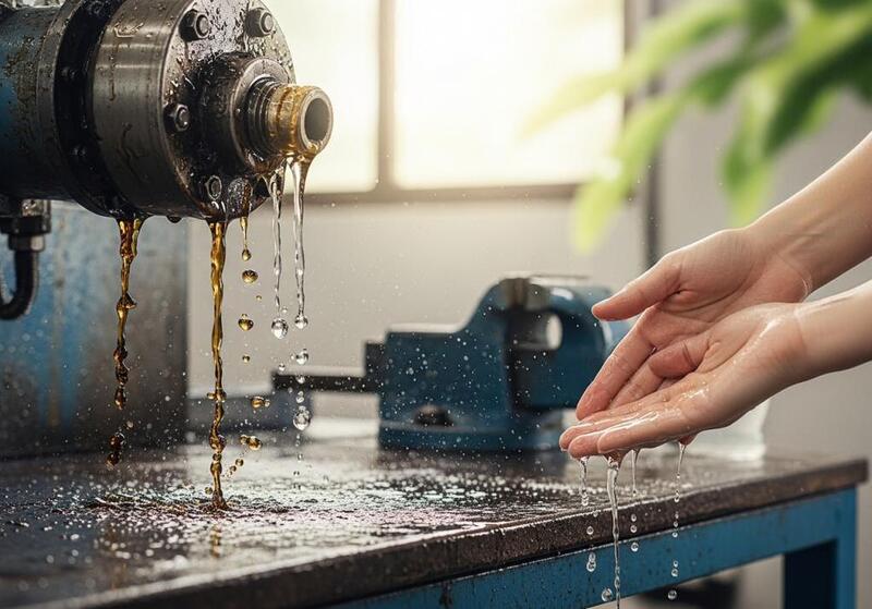 機械からの水と油の飛び散り、濡れた手