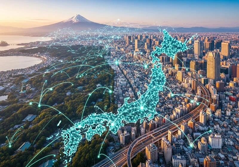 風景に重ねられた日本列島のデジタルネットワーク。