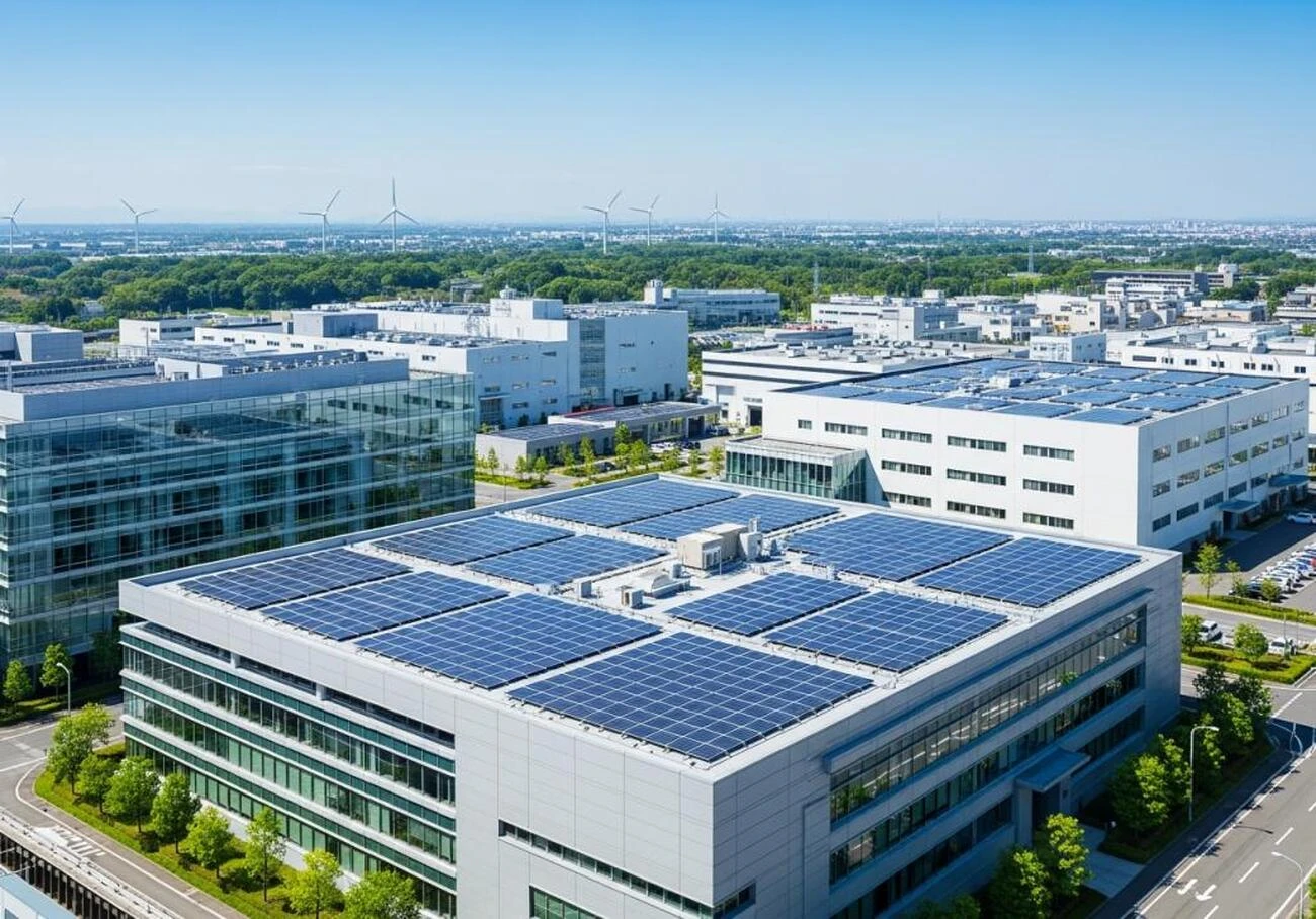 太陽光パネルと風力発電機が共存するエコな街並み。