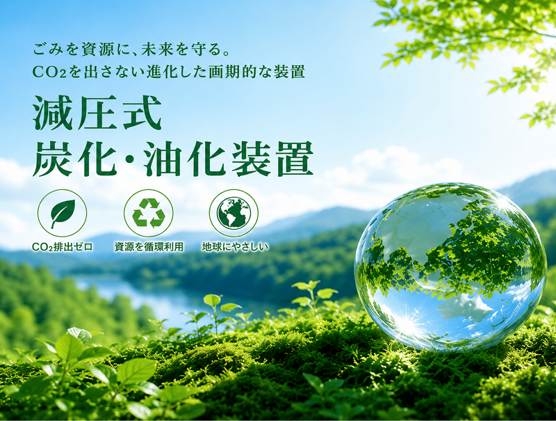 この画像は、環境に配慮した「減圧式炭化・油化装置」を紹介するものです。装置の紹介文とともに、CO2排出ゼロ、資源循環利用、地球にやさしいという3つのエコアイコンが配置され、地球の美しい映像が添えられています。