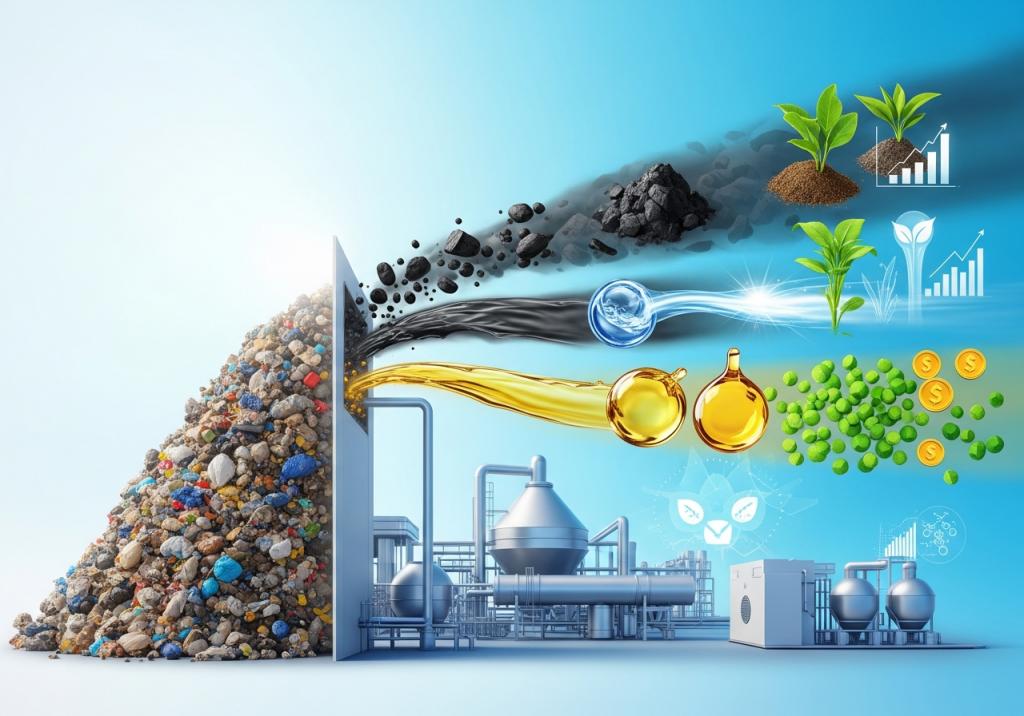 廃棄物の山、工業プラント、そして炭素資源、エネルギー、バイオ燃料、植物成長、経済的価値の創出。