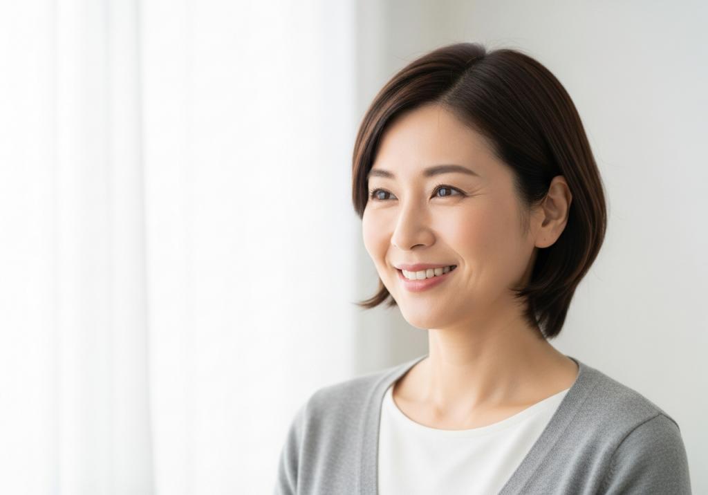 穏やかな笑顔の女性。