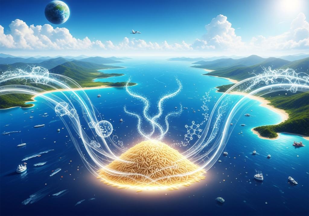 輝く米粒の山、光と分子の広がり、地球と広大な海の景観