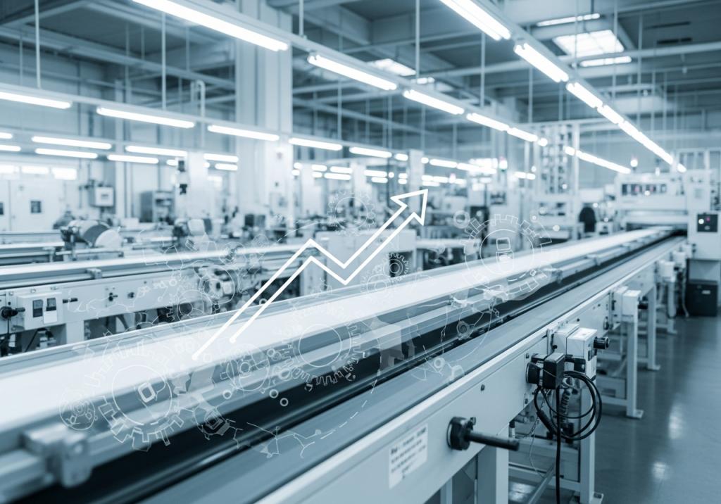 工業生産ラインと成長を示す矢印、技術グラフィック