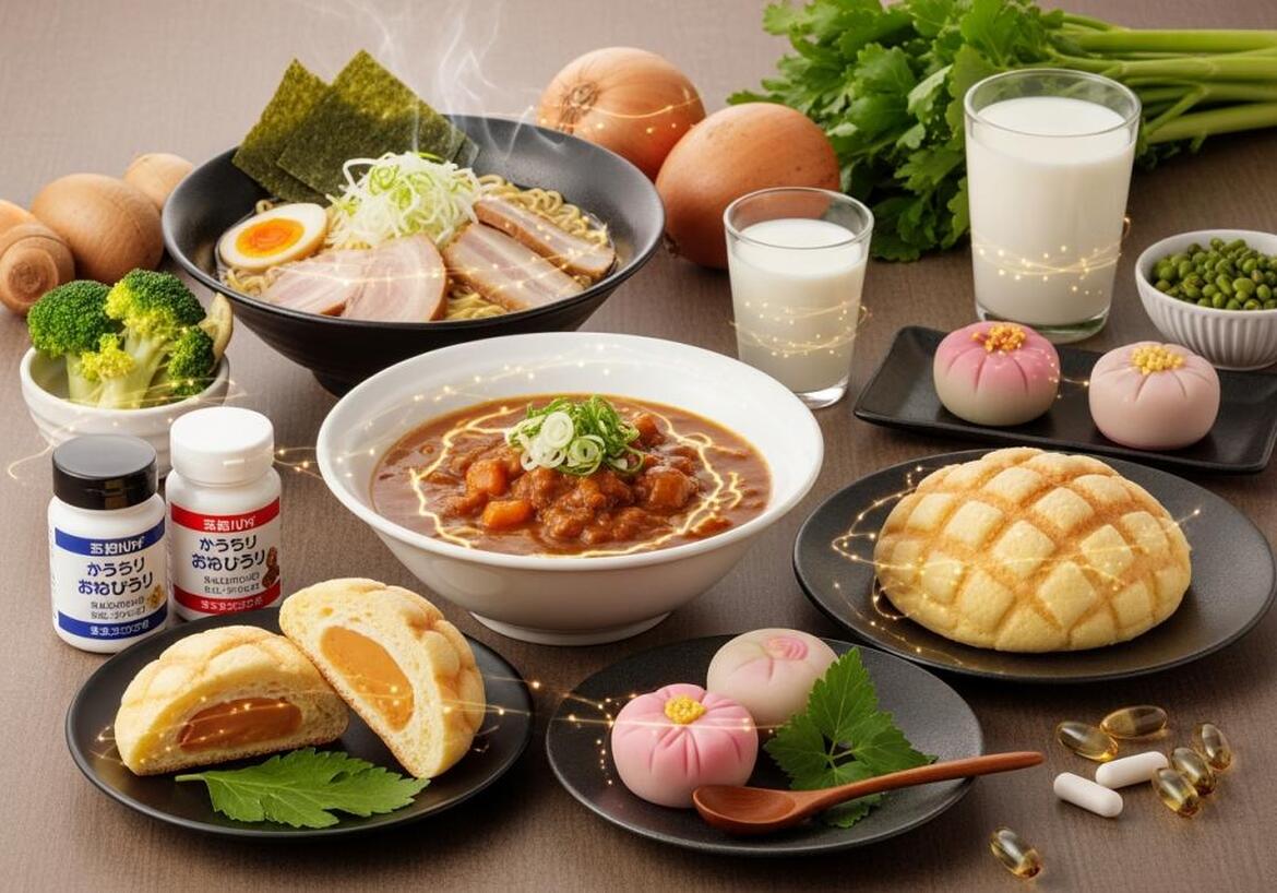 多種類の料理、菓子、飲料、サプリメント。