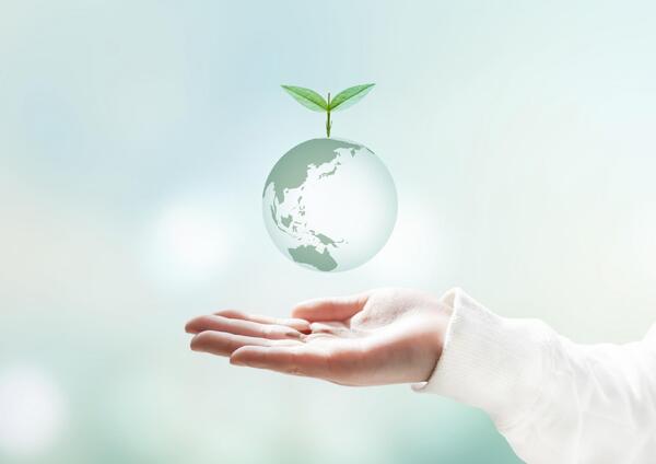 alt=人の手のひらの上に浮かぶ、新芽が生えた地球のイラスト。明るい緑の背景で、SDGs、環境保護、サステナビリティ（持続可能性）、エコロジーを象徴するイメージ画像