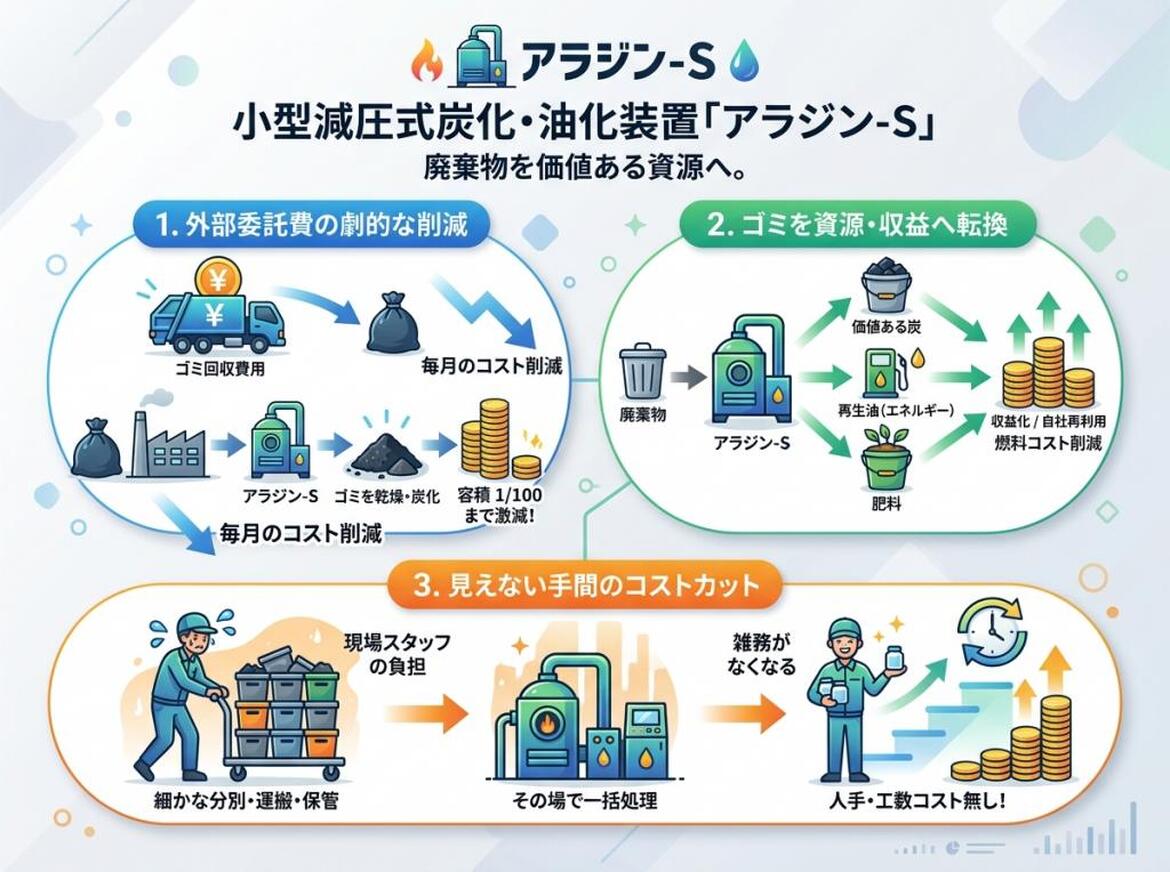 小型減圧式炭化・油化装置「アラジン-S」による廃棄物の資源化とコスト削減。