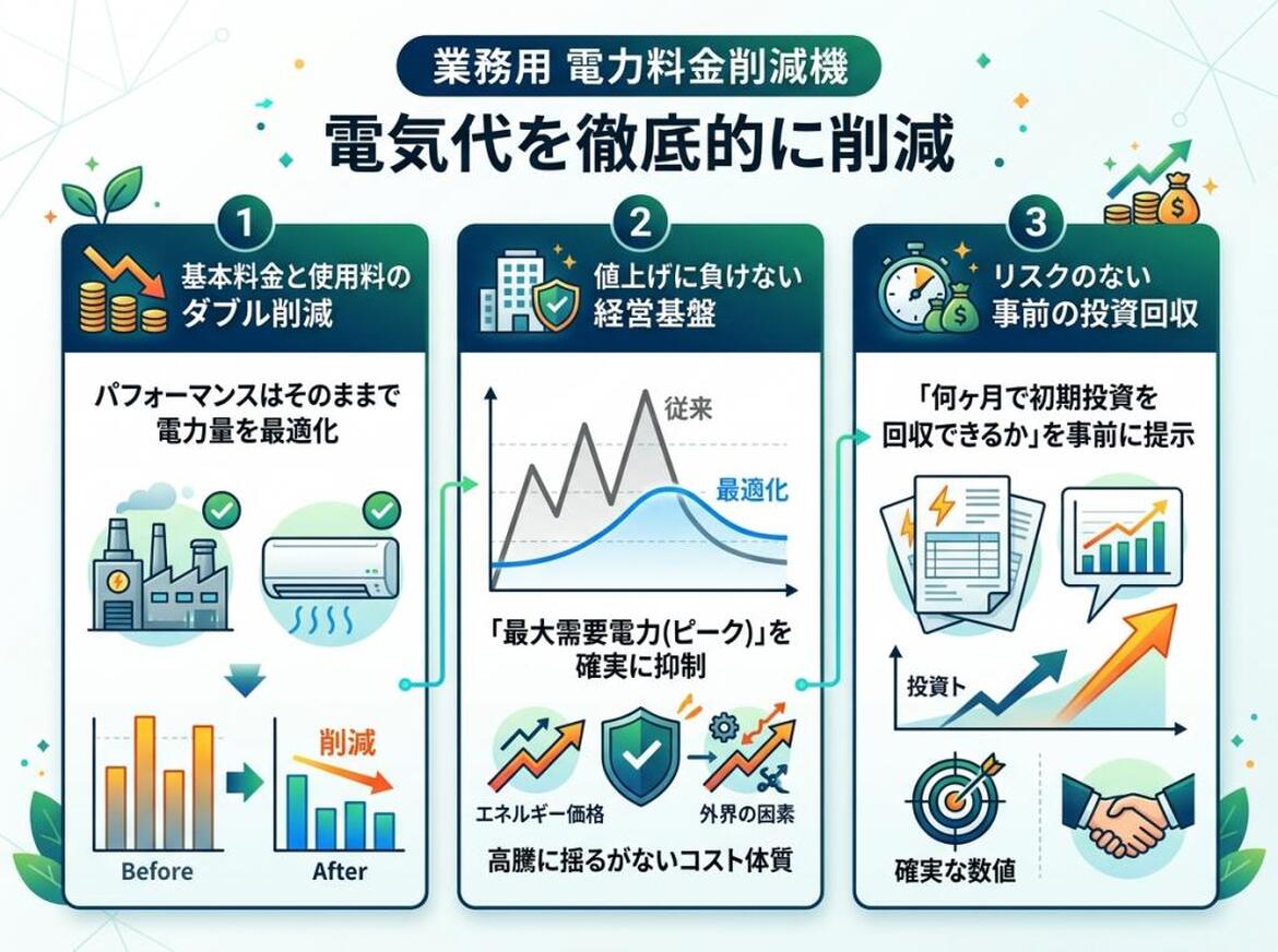 業務用電気代の徹底削減、基本料金と使用料のダブル削減、電力量の最適化、最大需要電力（ピーク）の抑制、価格変動に強い経営基盤の構築、リスクのない投資回収の事前提示。