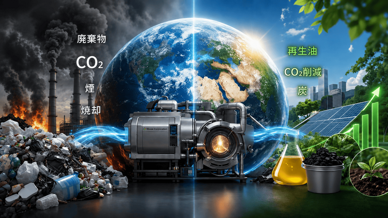 廃棄物処理から環境装置を通して再生油や炭・CO2削減へ導く資源循環のビジュアル