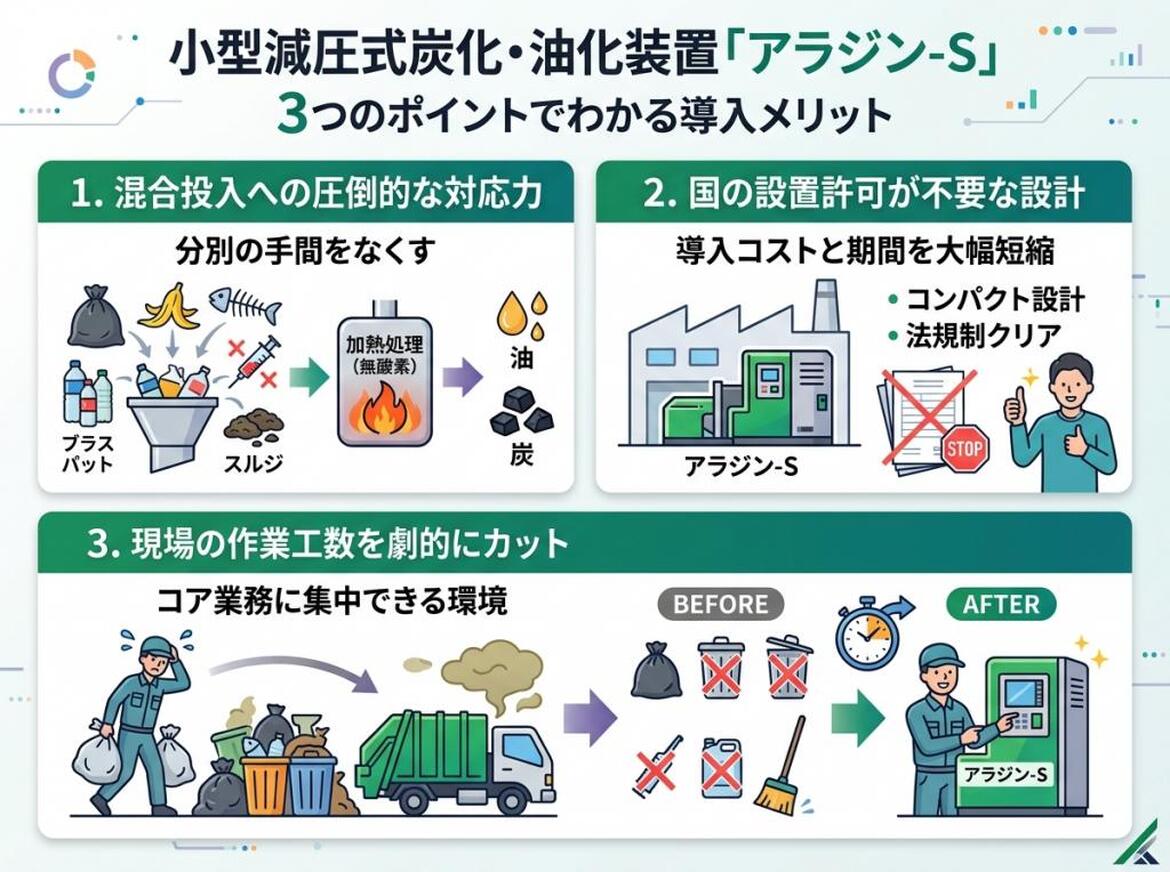 小型減圧式炭化・油化装置「アラジン-S」の、混合廃棄物処理による資源化、設置許可不要な設計、および現場作業工数削減といった導入メリット。