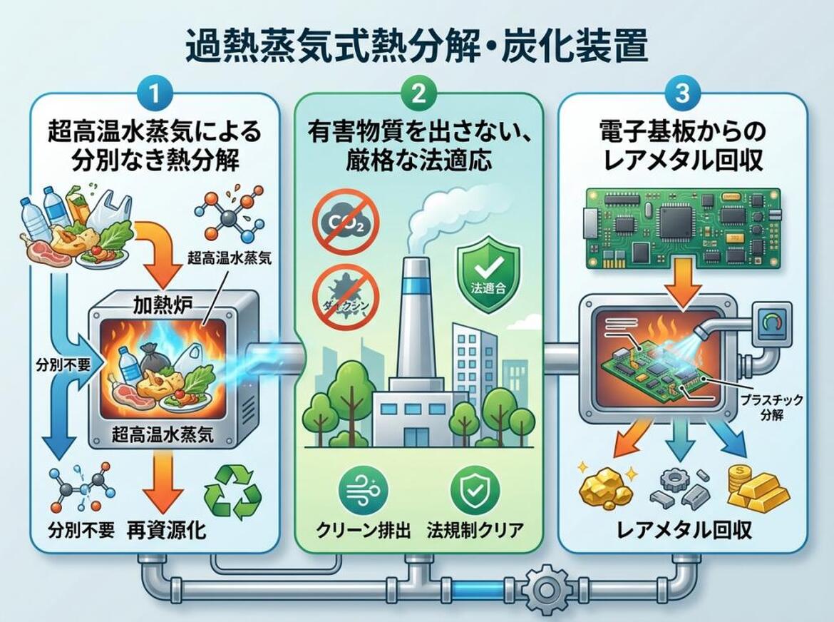 過熱蒸気式熱分解・炭化装置による、分別不要な廃棄物の熱分解・再資源化、有害物質の非排出、および電子基板からのレアメタル回収